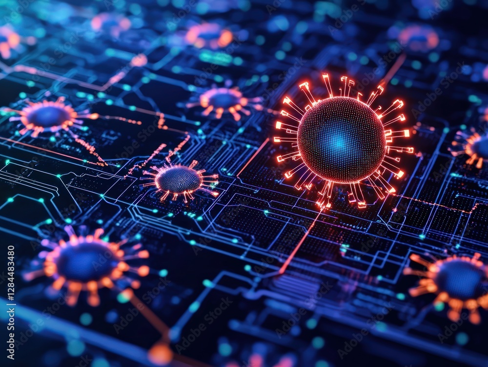 Poster abstract visualization of digital virus on circuit board with glowing elements and neon colors