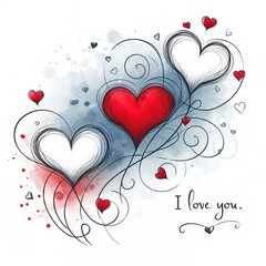 Three hearts with swirls and 'I love you' text in an artistic, watercolor, and sketch style
