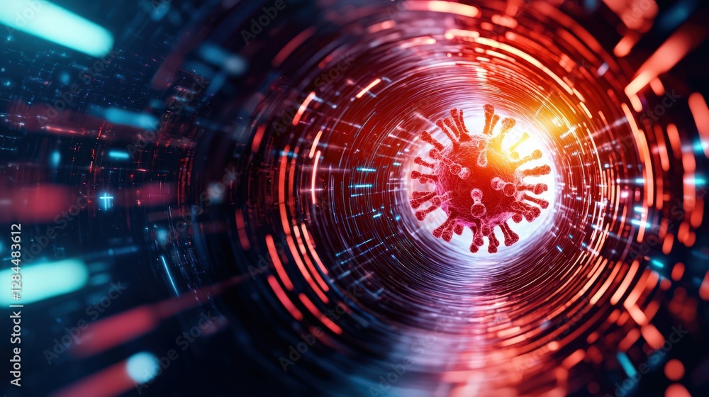 Poster abstract visualization of coronavirus with dynamic light effects in a digital environment