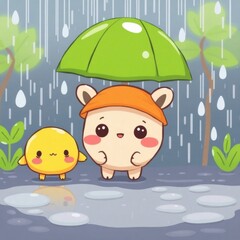 Cute Animals Cartoon Standing Under Umbrella During Rain Illustration