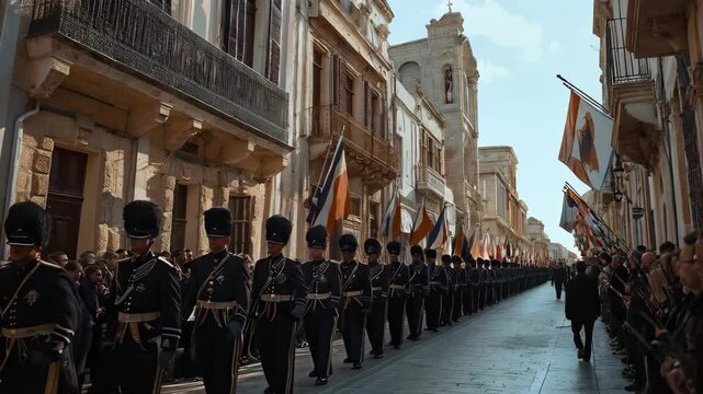 A solemn procession of male Cypriot soldiers in formal uniforms marches during a national day celebration. Flags of Cyprus wave proudly along the historic streets.