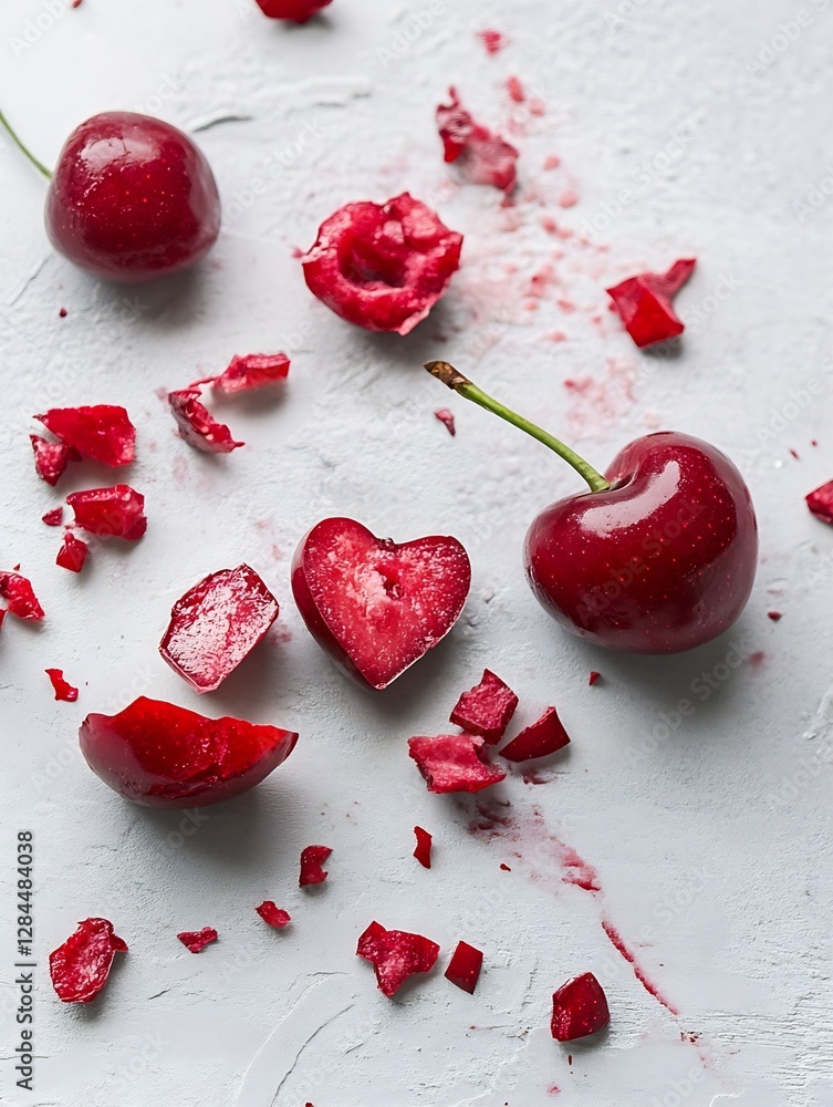 Aufkleber freshly picked cherries arranged artistically on a textured surface with vibrant red color details :