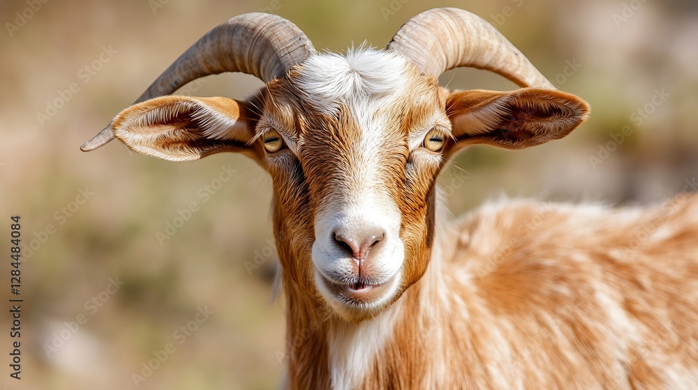 Poster closeup portrait of a charming goat with distinct features and expressive eyes set against a natural