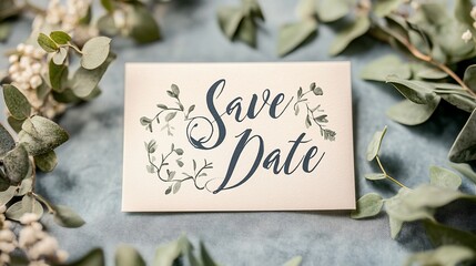 Greenery-framed Save-the-Date card on blue background