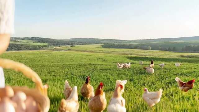 Fresh eggs in basket free-range chickens Farm-to-table concept sustainable agriculture rural lifestyle
