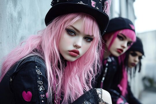 Group of emo teen girls wearing pink wigs and black clothes posing together