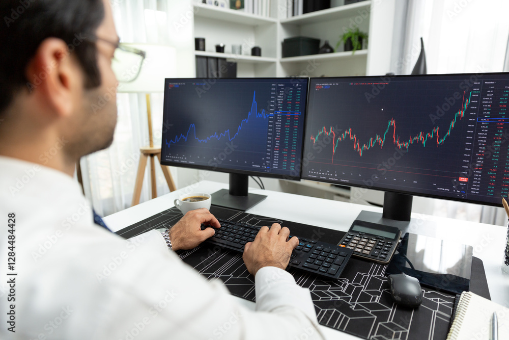 Poster smart trader businessman analyzing in two dynamic stock exchange investment screen on pc with invest