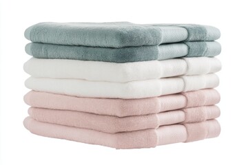 A stack of neatly folded, soft towels in various pastel colors like green, white, and pink on a clean, bright white background, perfect for showcasing comfort and hygiene.
