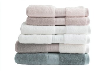 A pristine stack of neatly folded, soft cotton towels in assorted pastel colors, perfect for bathroom decor, spa treatments, or adding comfort to your daily routine.
