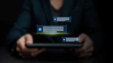 Digital Task Verification and Approval, Businessman or  Businesswoman with Virtual Checklist Interface, Symbolizing Efficient Workflow, Success, and Goal Management in a Professional Setting 
