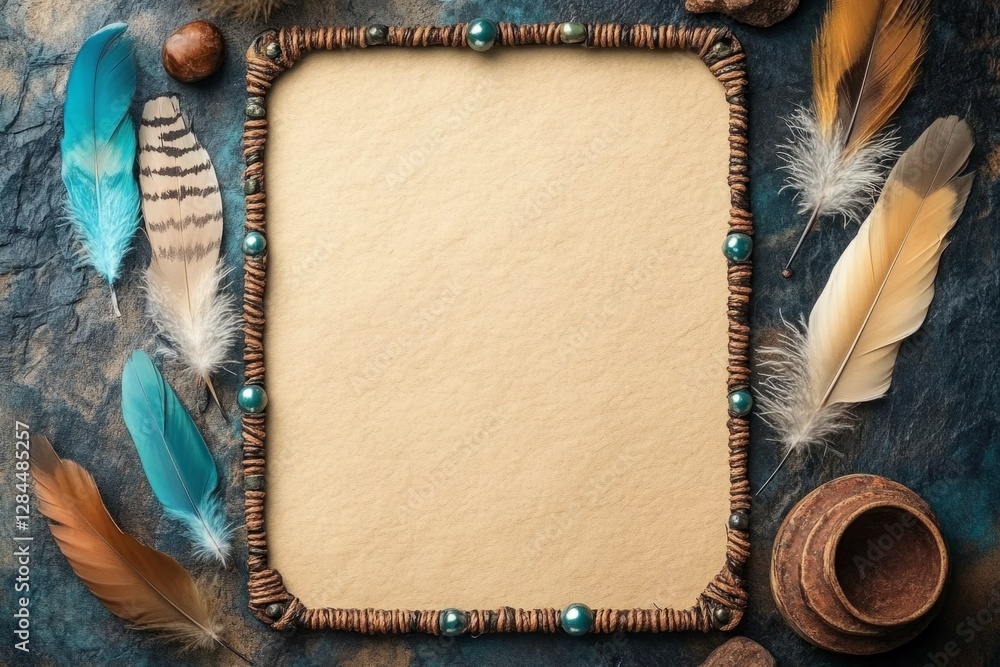 Aufkleber old parchment paper with copy space decorated with feathers and wicker frame on a dark blue backgrou