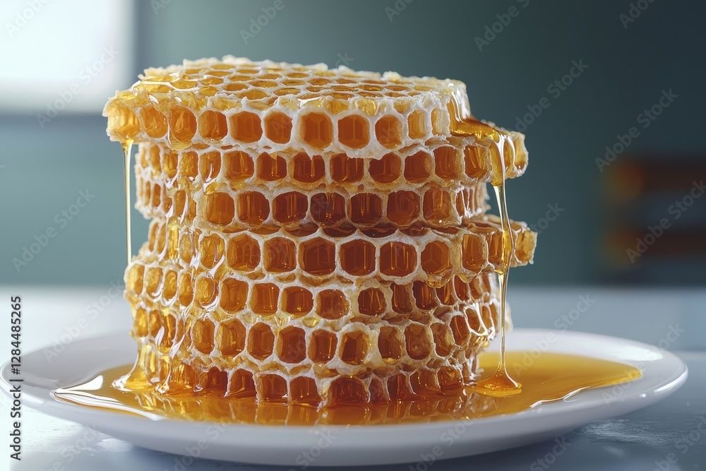 Poster a tantalizing stack of golden honeycomb with honey dripping down onto a white plate, showcasing natu