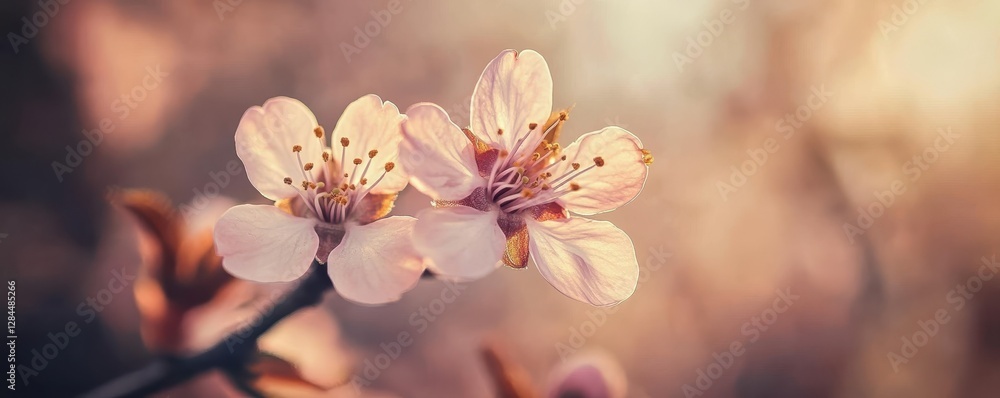 Poster close-up of blossoming cherry flowers in soft focus with warm tones and gentle bokeh in background