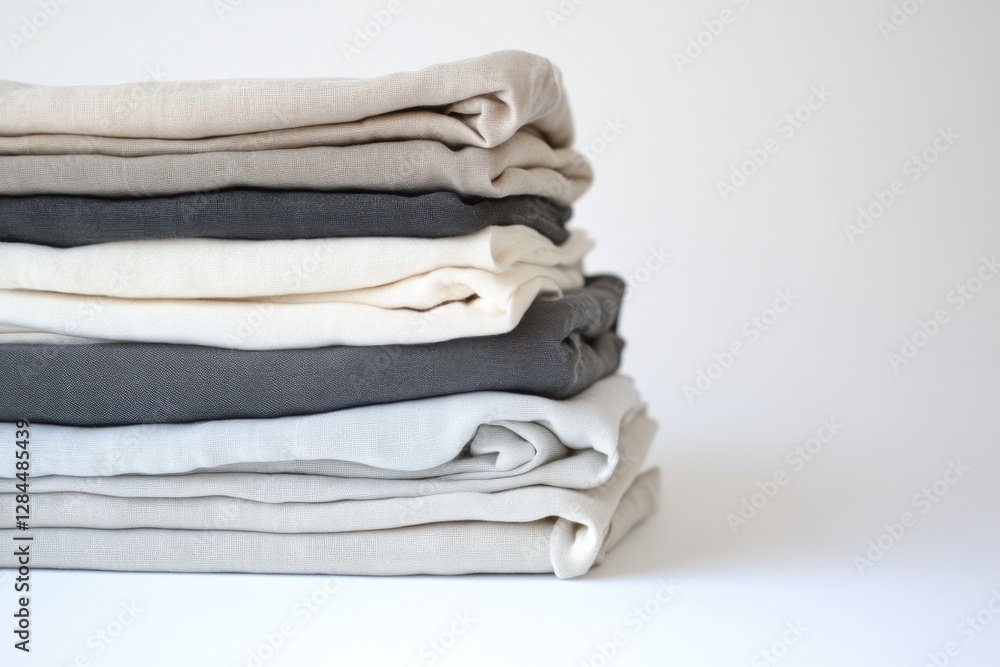 Poster a neatly folded stack of linen fabrics in neutral tones, showcasing a variety of gray and beige shad