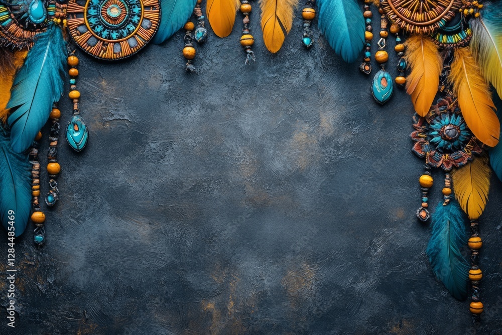 Poster dream catcher decorated with feathers and beads creating a frame on a dark textured background with 