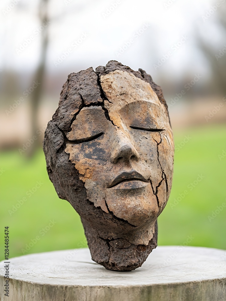 Poster artistic depiction of a cracked stone face sculpture symbolizing emotion and the passage of time : g