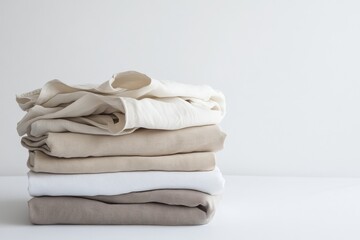 A stack of neatly folded linen clothing in natural hues, set against a clean, bright background emphasizing sustainable and minimalist lifestyle choices.