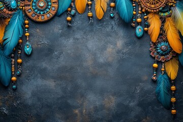 Fototapeta premium Dream catcher decorated with feathers and beads creating a frame on a dark textured background with copy space