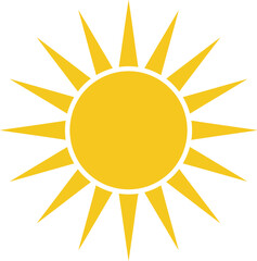 Bright yellow sun icon in flat design with sharp rays and minimal style vector art