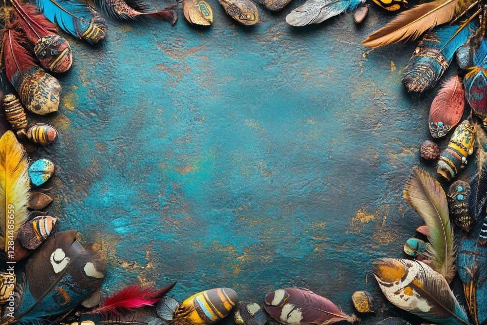 Poster feathers and painted stones forming a border on a turquoise textured background, creating space for 