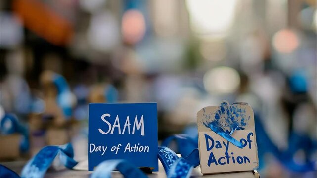 SAAM Day of Action is highlighted on blue and brown signs. Blue ribbons add to the festive atmosphere of the event. The blurry background suggests a bustling public space.