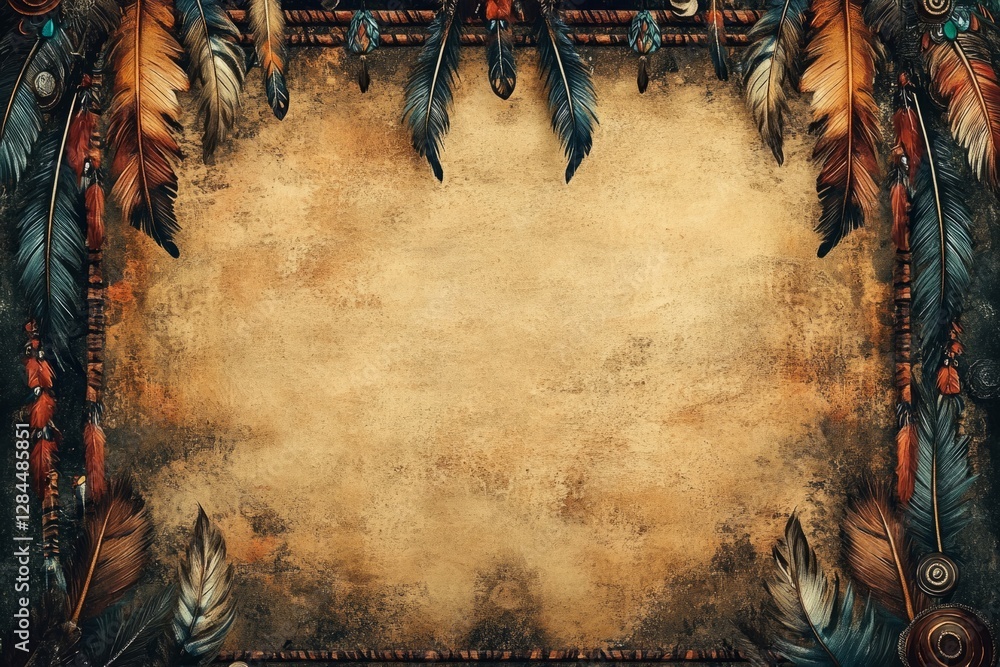 Poster old paper texture with feather border and native american decoration, creating an evocative backgrou