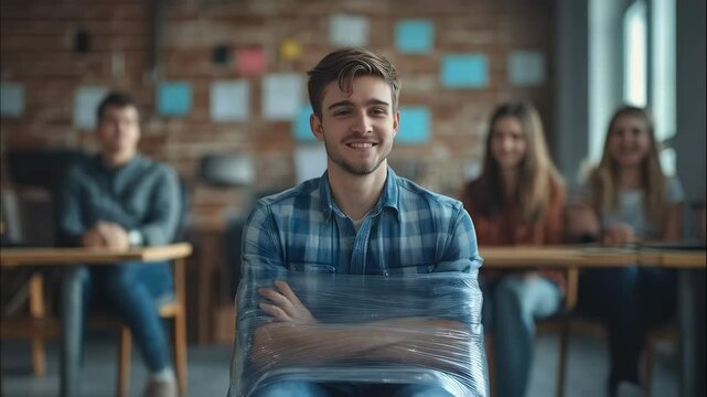 A young Caucasian adult male is bound with plastic wrap, sitting amongst laughing colleagues. This humorous image depicts a lighthearted take on International Fun at Work Day.