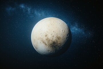 Obraz premium Detailed view of a cratered moon against a starry cosmic backdrop.