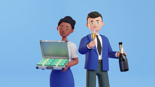 Businessman and woman characters celebrating success. Briefcase filled with stacks of money, man with champagne bottle and glass of sparkling wine, raising a toast. 3d render loop animation