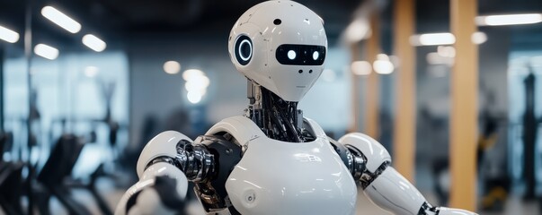 Futuristic white robot in tech lab with blue lights and reflections