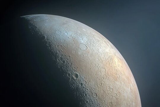 Dramatic half-lit moon with detailed surface texture and space shadows.