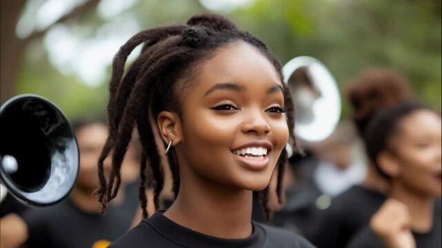 Joyful young African American woman with dreadlocks laughs during a lively outdoor event. Celebrating SAAM Day of Action with vibrant energy and community spirit.