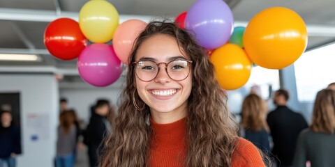 A joyful student with vibrant balloons celebrates with friends, radiating happiness and youthful energy in a lively gathering.