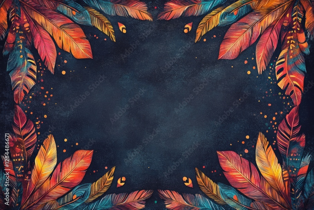 Poster vibrant feathers creating a border on a dark textured background, offering copy space for text or de