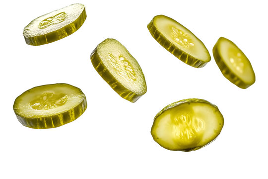 Isolated falling pickled cucumber slices captured on a clean white surface.