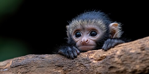 Naklejka premium Shy baby monkey peeks over wood, eyes filled with wonder, highlighting the innocence and curiosity of youth in its natural surroundings.