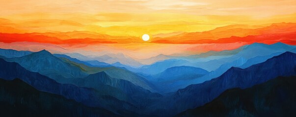 Obraz premium Vibrant sunset over layered mountains in abstract oil painting