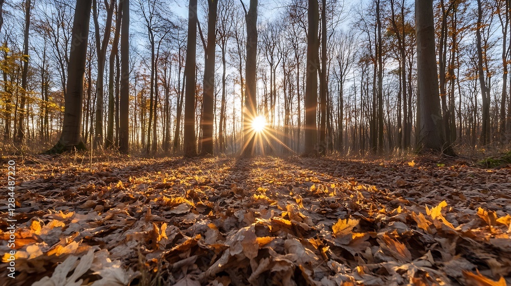 Poster beautiful forest in autumn with golden leaves and sun rays streaming through the trees : generative 