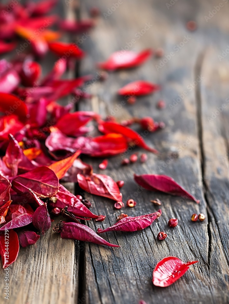 Poster vibrant red leaves scattered on rustic wooden surface showcasing fall colors and textures : generati