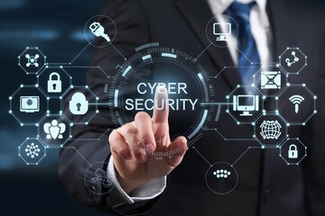 Obraz premium Businessperson Interacting with a Cyber Security Interface 