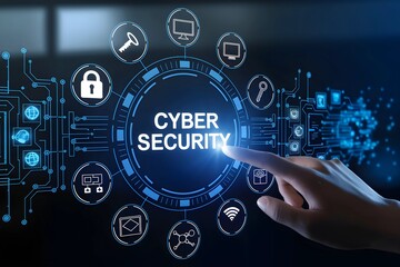 Hand interacting with a futuristic cyber security interface. 