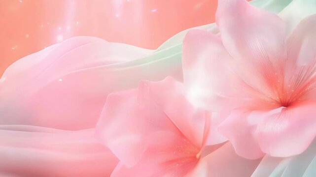 Delicate floral display with flowing fabric in pastel hues soft and elegant Dreamy background for beauty themes