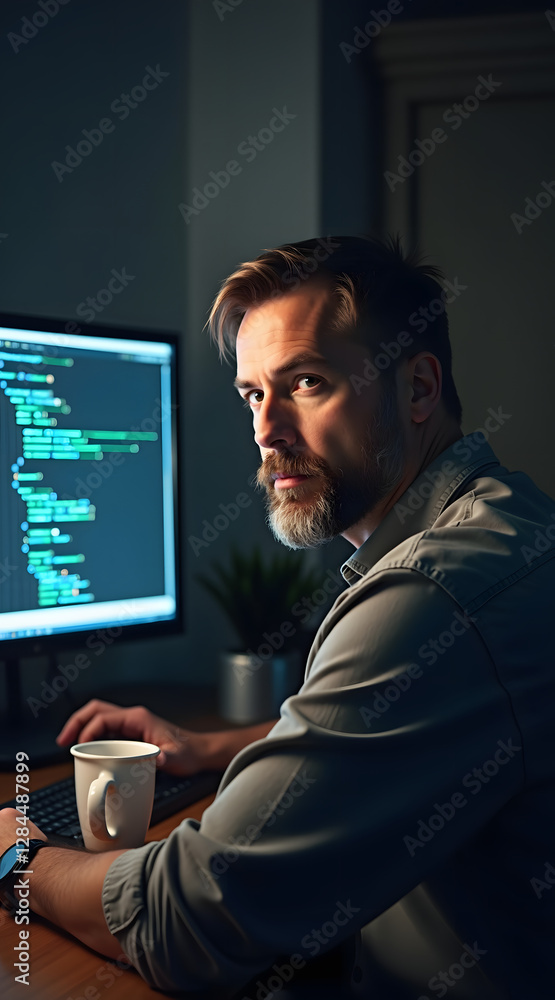 Poster a focused man in his 30s with a beard works intently on a computer at night, illuminated by the scre