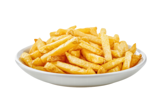 Delicious french fries in plate isolated on transparent or white background, png