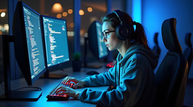 A young woman with glasses sits focused at a computer, wearing headphones as she codes at a desk, illuminated by the glow of multiple screens in a dark room