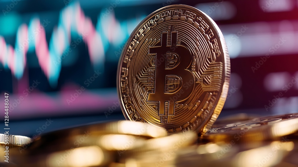 Poster shiny gold bitcoin cryptocurrency coin on a background of market trend graphs and financial data : g