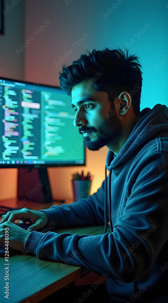 Poster a young south asian man in a hoodie focused on coding at a desk with a computer screen glowing in bl