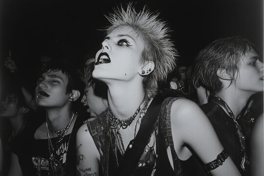 Group of punk rockers with mohawks and piercings enjoying a live music concert