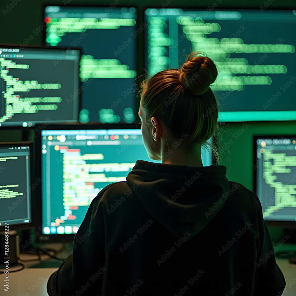 Aufkleber a young woman with blonde hair tied in a bun is focused on coding at multiple screens displaying gre