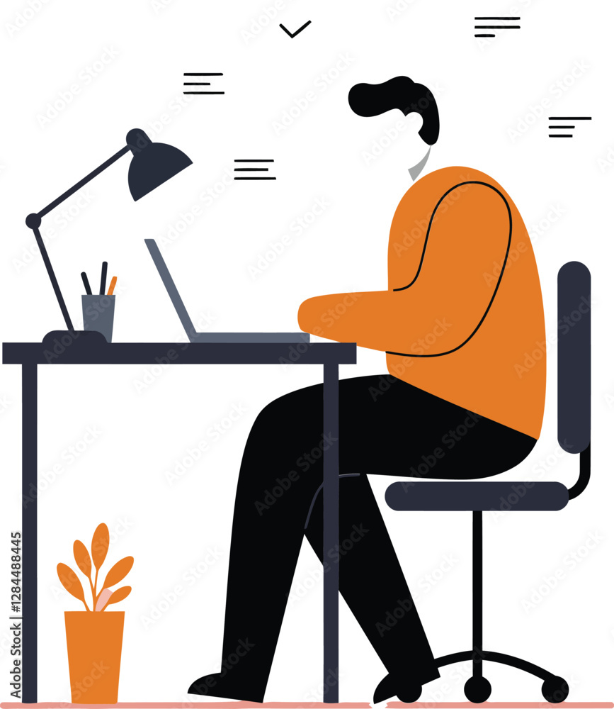 Poster man working at a desk with laptop in minimal flat vector art